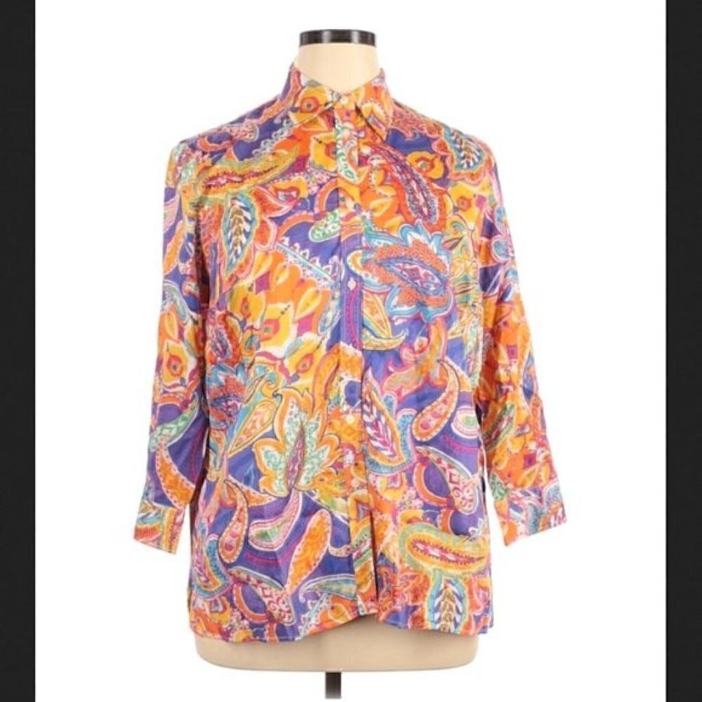Lauren Ralph Lauren Top 1X Button Down Boho Print Paisley Summer Colorful Preppy